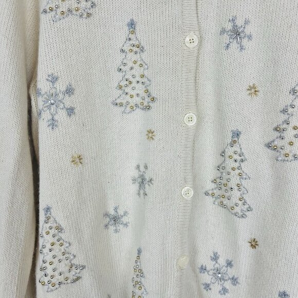 Croft & Barrow Christmas Sweater Cardigan Beaded Tree Snowflakes Ivory sz L - Picture 2 of 9